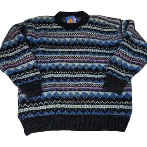 Newari Handcrafted Nepal Fair Isle Wool Sweater Blue Geometric‎ Size L/XL